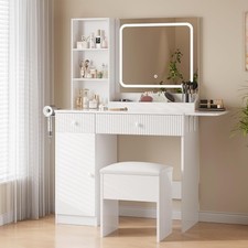Vanity Desk with Mirror LED Lights, 2 Drawers Makeup Table with Outlet Stool
