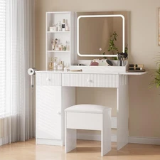 Vanity Desk with Mirror & LED Lights, 2 Drawers Makeup Table with Outlet Stool