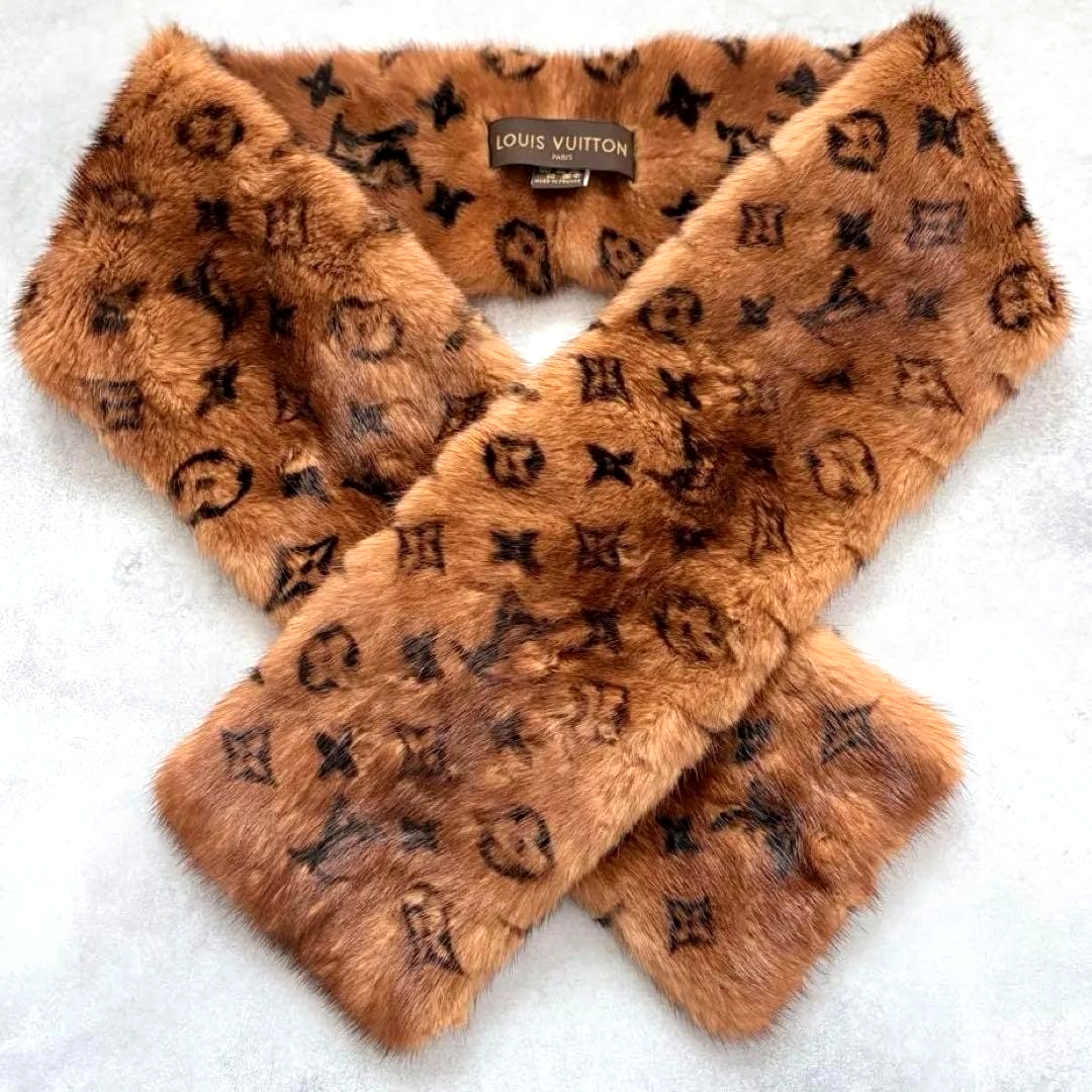 美品 ルイヴィトン モノグラムリバース ミンクスカーフLV MINK FUR 美