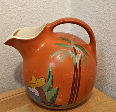 Vintage Collectible Mexican Ransburg Pottery Sleepy Mexican Orange Pitcher