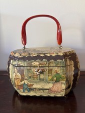 VINTAGE ANTON PIEC WOOD DECOUPAGE PURSE HANDBAG W/ LUCITE HANDLE