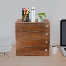 4 Layers Vintage Jewelry Organizer Wooden File Storage Box with Lockable Drawers