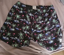 Spicy Tuna Men's Large Swim Trunks Blaack With Palm Trees And Flamingos