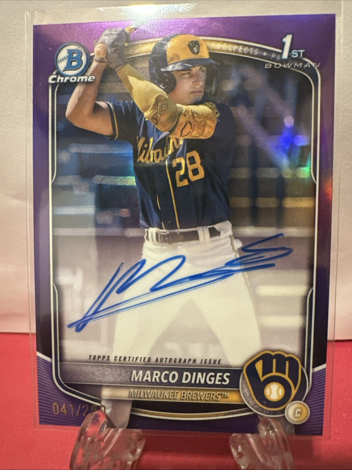 2025 Bowman Chrome Marco Dinges Purple 1st Bowman Prospect Auto # /250 Brewers