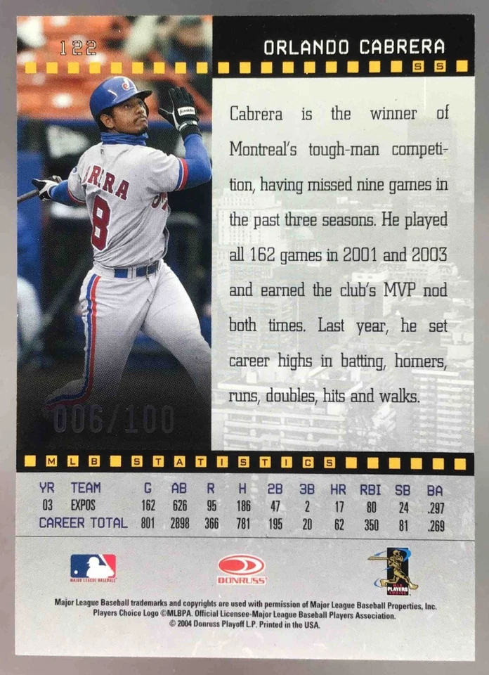 Orlando Cabrera 2004 Donruss Studio Studio Proof Silver /100 #122 Expos - Image 2 of 4