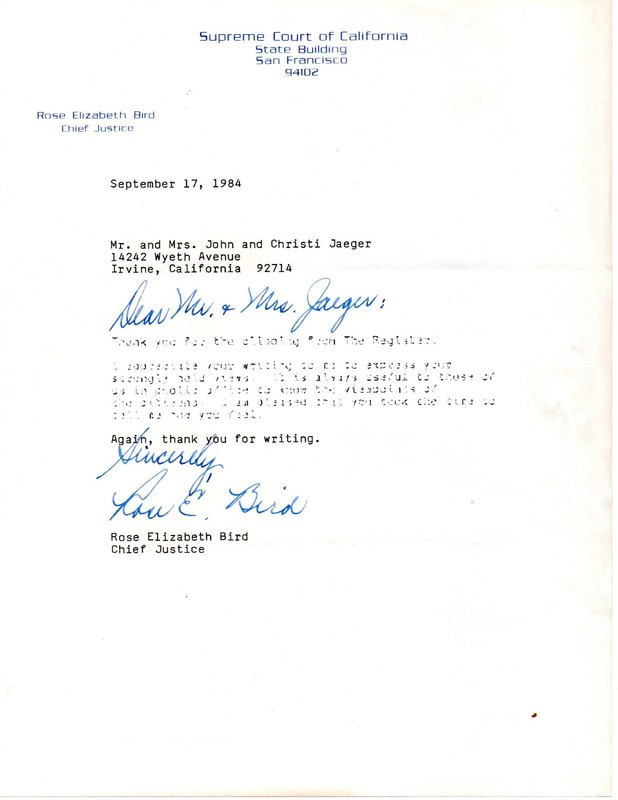 California Supreme Court Chief Justice Rose Bird Signed Letter