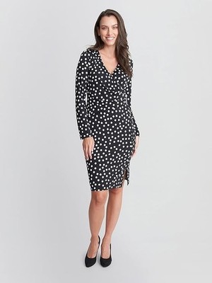 Gina Bacconi Womens Polka Dot Wrap Midi Dress Cocktail Ruched Waist Gold Size 8