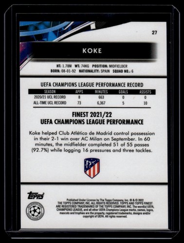 2021-22 Topps Finest UEFA Champions League #27 Koke - Picture 2 of 2
