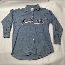 Vintage 1999 Warner Bros Long Sleeve Shirt Embroidered Bugs Taz Blue Size M