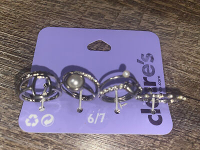 Claire s Sz 6/7 pearl rhinestone heart Band Silver Tone ring set Lot