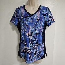 Koi Stretch Women's Size XS Purple Scrub Top Butterfly Print 385PR Side Stretch