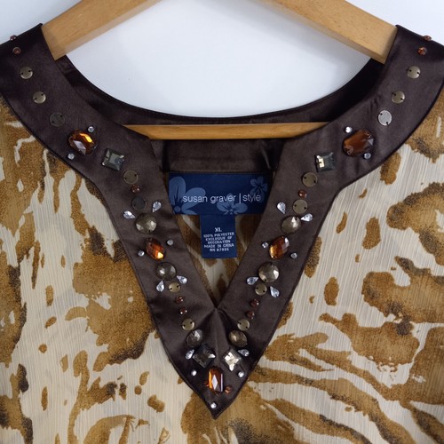 Susan Graver Style Sheer Tunic Top Shirt Women's Size XL Brown Abstract Beaded - Picture 3 of 7