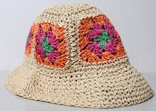 H M Girl's Crochet Floral Straw Sun Hat Youth Size 7/12 8-11Y