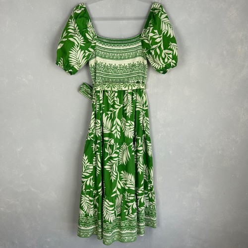 Aura maxi dress size M square neck puff sleeve Kelly green leaf print cotton - Picture 6 of 11