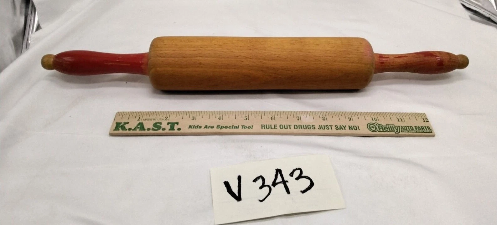 2 Vintage Rolling Pins Wooden Wood Red Handles Cottage Primitive Natural 9-10”