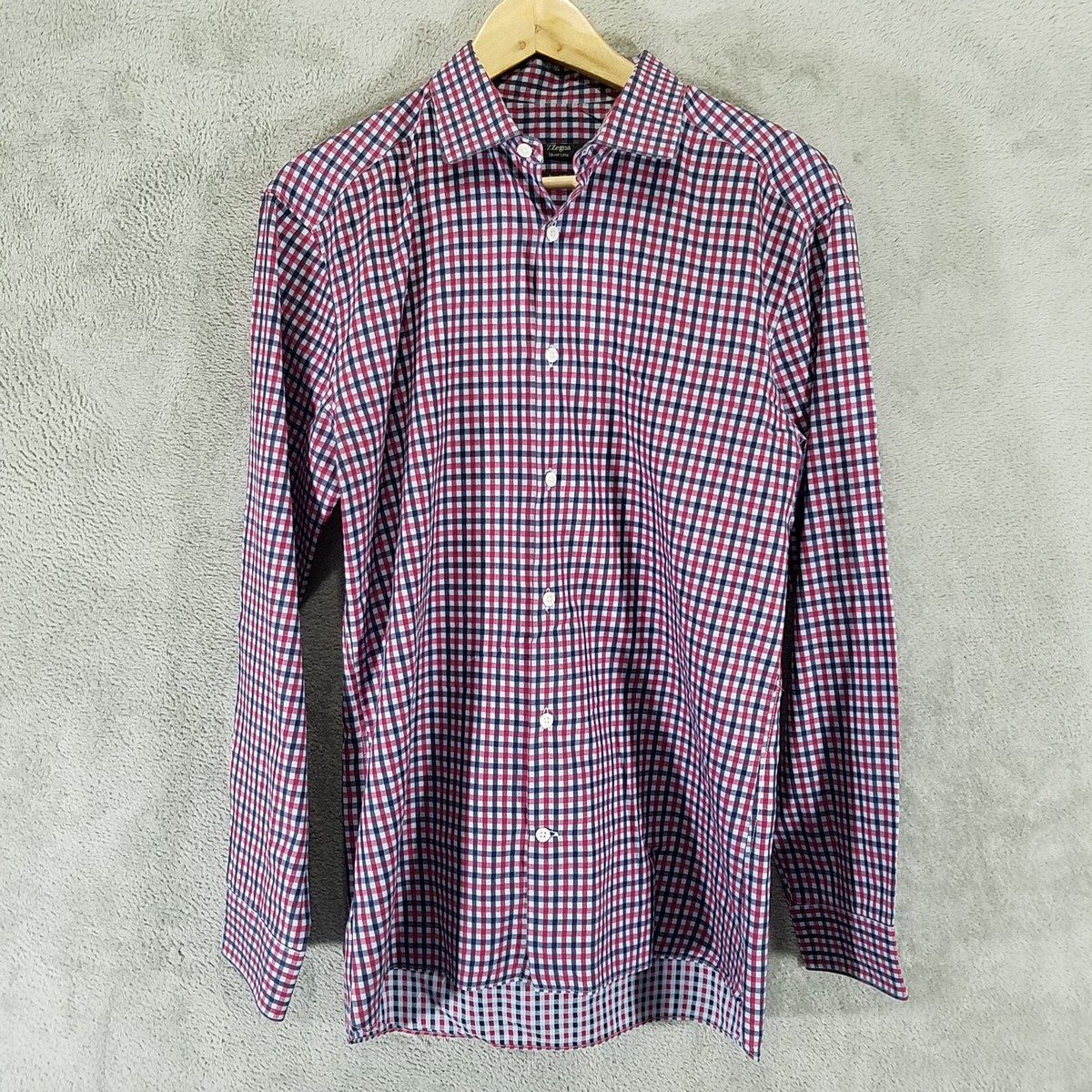 Z Zegna Silver Line Shirt Mens XL Blue Red Plaid Drop 8 Fit Button