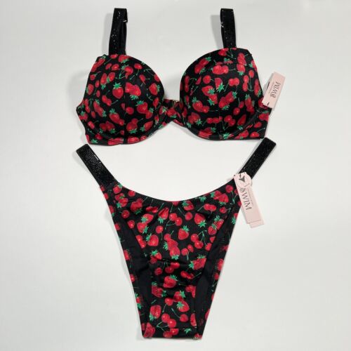 Victoria Secret 38D L SEXY TEE Push Up Bikini Top Bottom Set Shine Strap Cherry - Picture 2 of 9