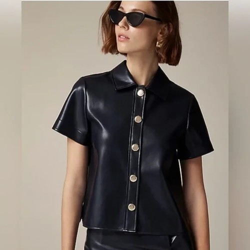 J Crew Collection Gamine Shirt Womens 8 Navy Faux Leather Oversized Gold Buttons
