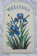 Hand Painted Slate Welcome Home Door Sign Blue Flag Iris Vintage 90s Hangs Up