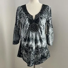 Womens Top Small Black Paisley Embroidered Tunic Whimsigoth Fairycore Boho