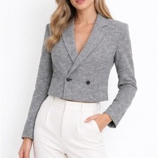 Rag Bone Blazer Women 12 Navy White Cropped Tweed Double Breasted Office Chic