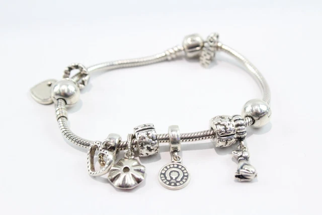 14 Pandora Sterling Silver Charm Bracelet Dog Stone Set Heart (41g)