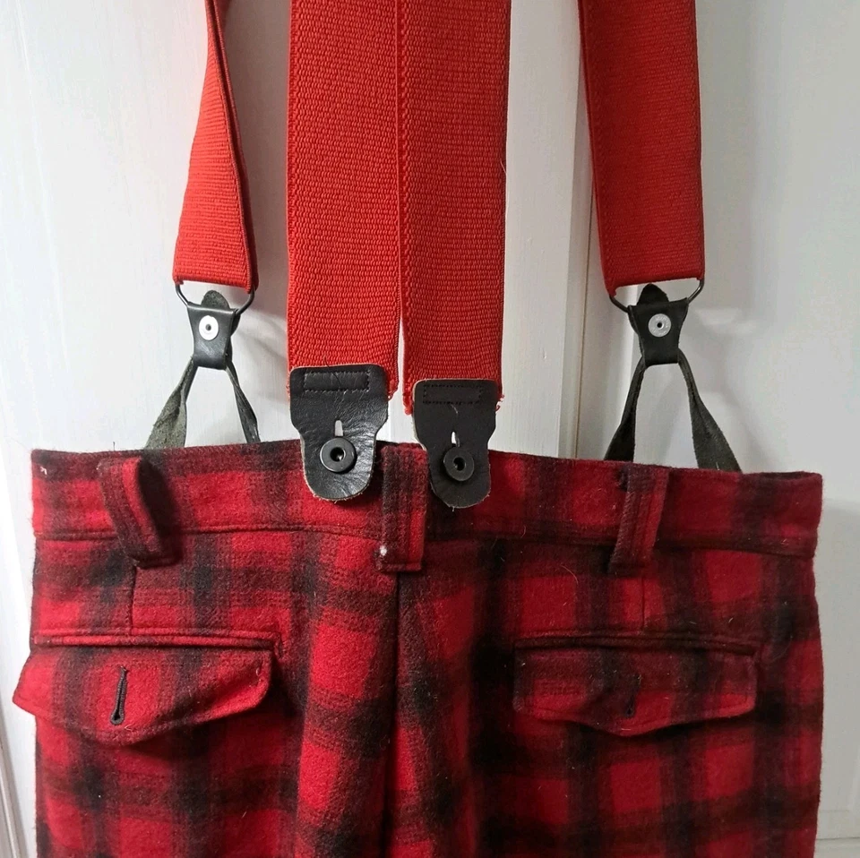 VTG Woolrich Wool Suit 2 Pc Set Red/Black Plaid Hunt Coat Med/Pants 36 USA EUC - Image 3 of 4