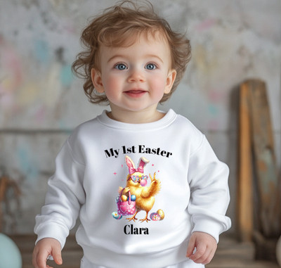 Ostern Kinder Sweatshirt mit Küken mit Osterkorb Motiv, personalisiert