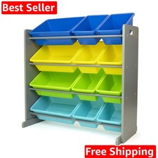 Kids Toy Storage Organizer with 12 Plastic Bins, Grey/Blue/Green/Yellow   Rem...