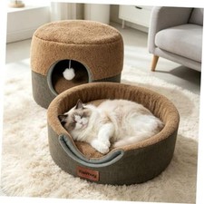 2-in-1 Cat Bed Cave, Cozy Covered Cat Beds for L-19.7"L x 19.7"W x 15"H Brown