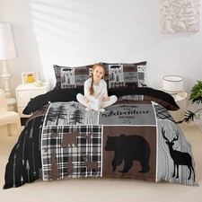 Farmhouse Cabin Duvet Cover 3Pcs, Rustic Bear Deer Bedding Set King Size For ...