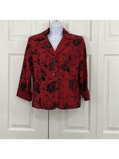 Dress Barn Jacket Womens Small Red Floral Glitter Button 3/4 Sleeve Made In USA