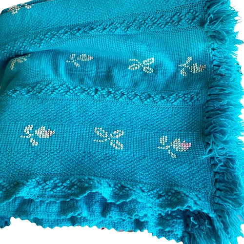 Vintage Knit Cross Stitch Floral Blue Fringe Hem Throw Blanket - Picture 2 of 7