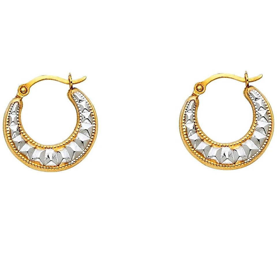 14K Two Tone Hoop Earrings Diamond Cut Solid Gold Yellow White 15mm - Image 3 of 4