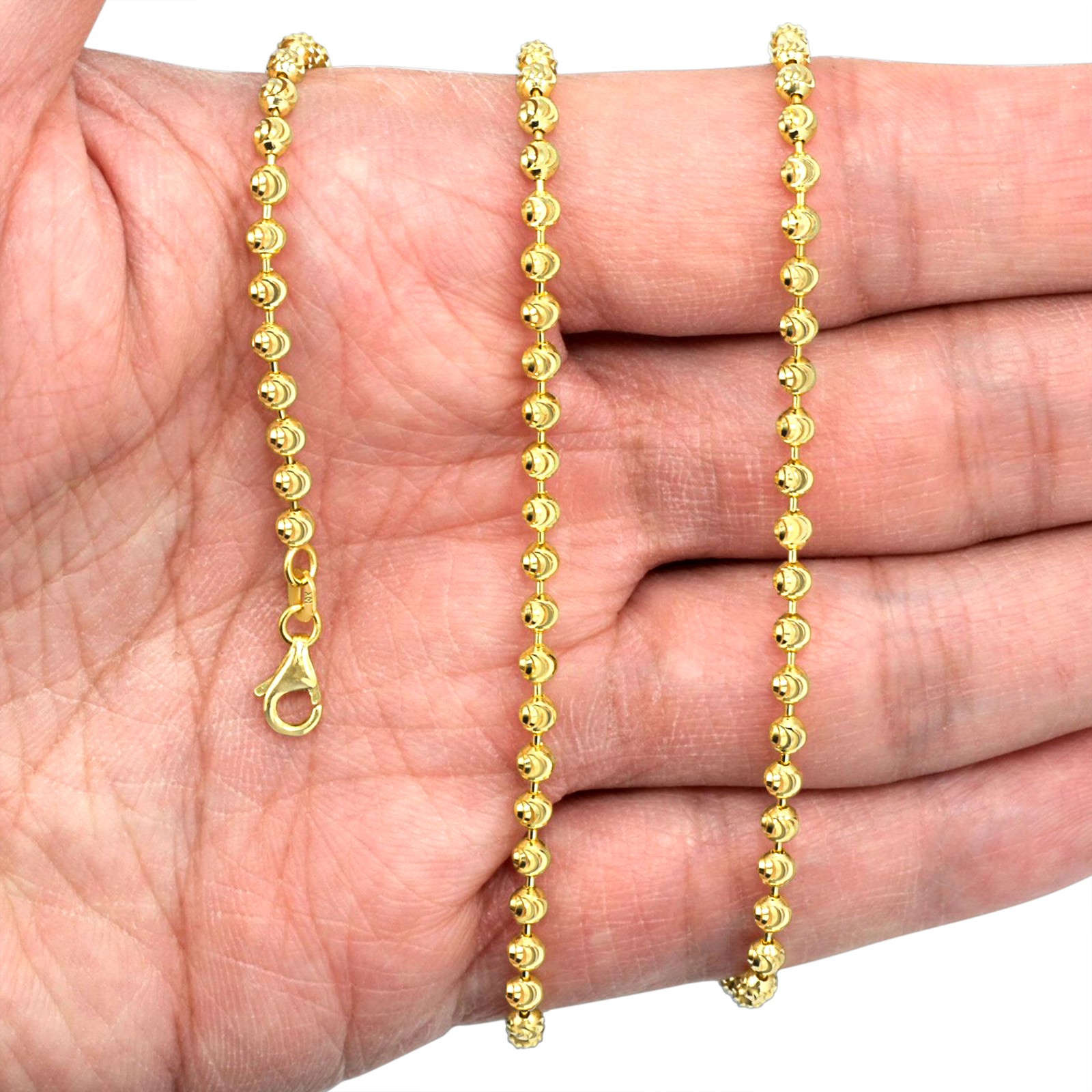 Womens 10K Yellow Gold Solid 3mm Diamond Moon Cut Bead Ball Chain Necklace 16"