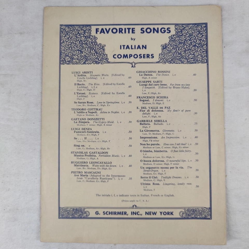 Libro de partituras de colección 1943 canción clásica italiana "Nina" Canzonetta Schirmer Foto 3 de 4