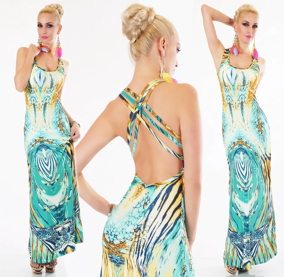 Damen Maxi Kleid Lang Sexy Rücken Sommer Strand Bodenlang Bedruckt 34-38 - Bild 4 von 4