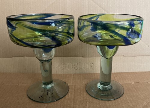 2 Mexican Hand Blown Crafted Green And Cobalt Blue Jumbo Margarita Glasses - Picture 2 of 17