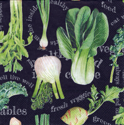 3 Servietten ~ Garten, Gemüse, Fresche Grüne Veggies, Kräuter, Schwarz ~ 33x33