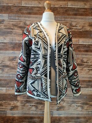 Damen Boho Southwestern Strickjacke Jacquard Geometrisch Azteken Vorne offen L
