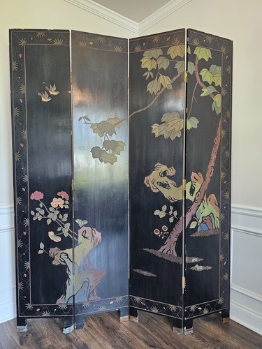 Antique Hand-Carved Coromandel Black Colorful Lacquer four-fold Screen