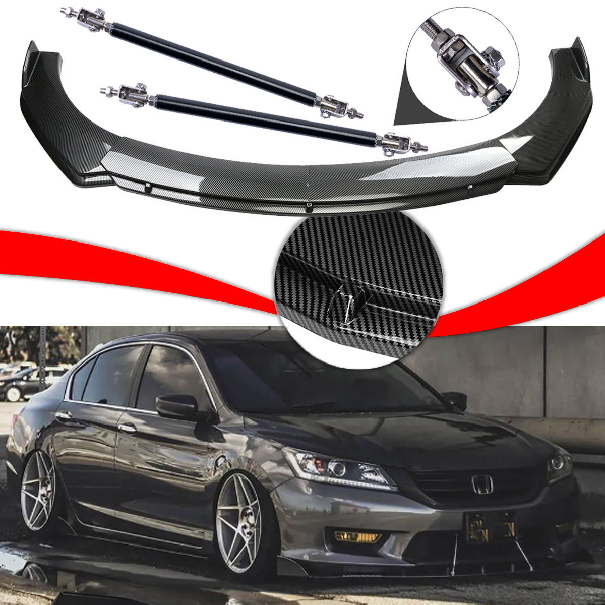 For Honda Accord /Carbon Fiber Style Front Bumper Lip /Spoiler Strut Rods