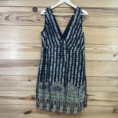 YASB Dress Large Silk Blend Deep V-Neck Brown Olive Sheer Sleeveless NWT B184