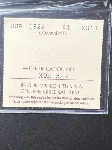 1922 USA Peace Silver Dollar ICCS Graded MS-63 - Picture 2 of 4