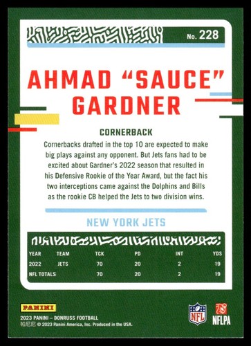 Donruss Ahmad Sauce Gardner New York Jets #228 2023 - Imagen 2 de 2