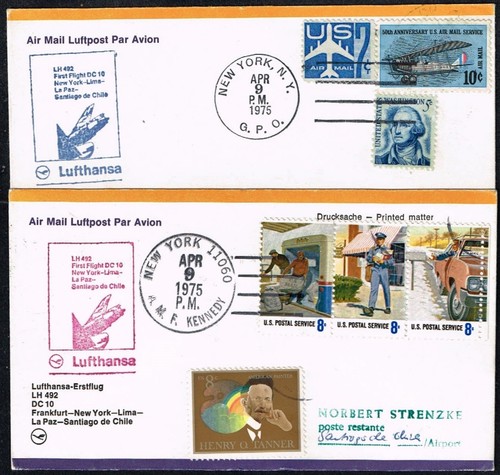 1226 US TO CHILE DOS CUBIERTAS DE PRIMER VUELO FFC 1975 LUFTHANSA DIFF. SELLOS NY-SGO