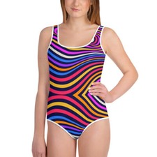 90s 80s Retro 3D Colorful Ocean Waves Wavy All-Over Print Youth Swimsuit