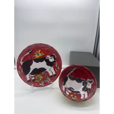 Italian Red Cow Rooster Pottery Set Plate and Bowl The Cellar