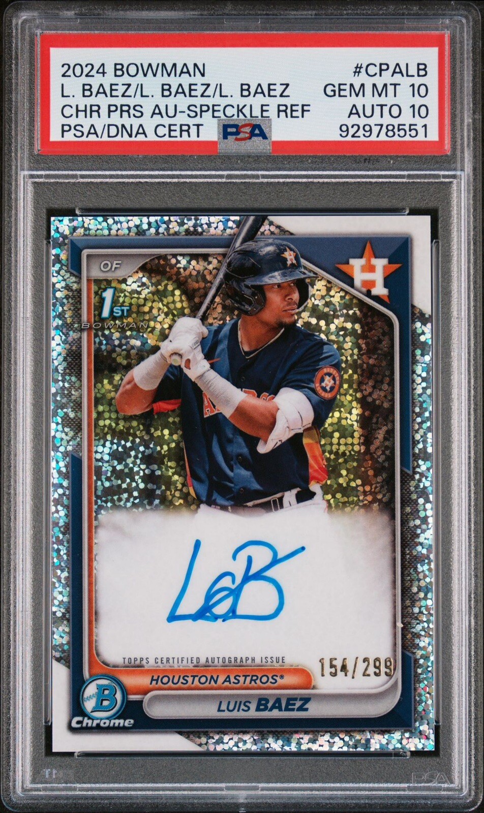 Luis Baez 2024 Bowman 1st Chrome AUTO SPECKLE #/299 PSA 10 AUTO 10 Astros POP 1!