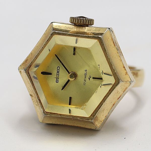 SEIKO 17 JEWELS 11-768A 六角形リングウォッチ SEIKO Clock Ring 11-768A Gold Size US6 Adjustable Manual